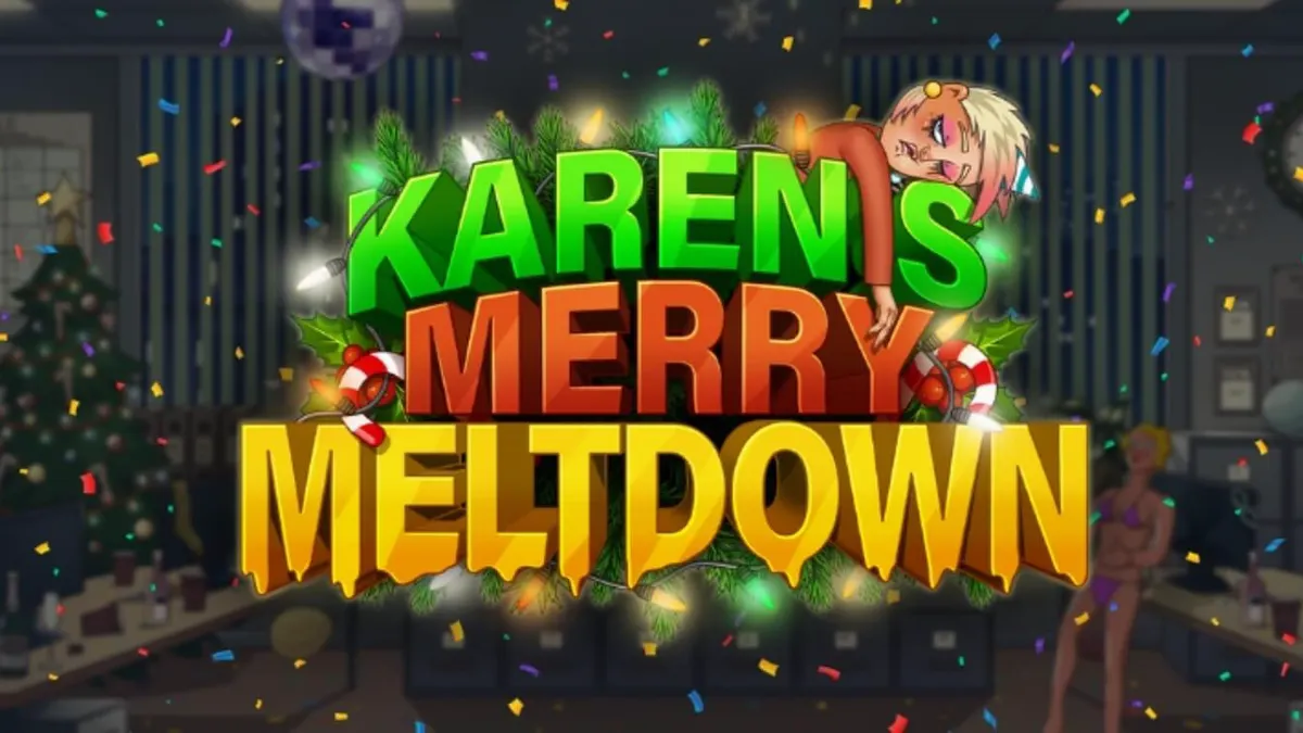 Tampilan visual slot Karen’s Merry Meltdown dengan tema pesta kantor yang kacau
